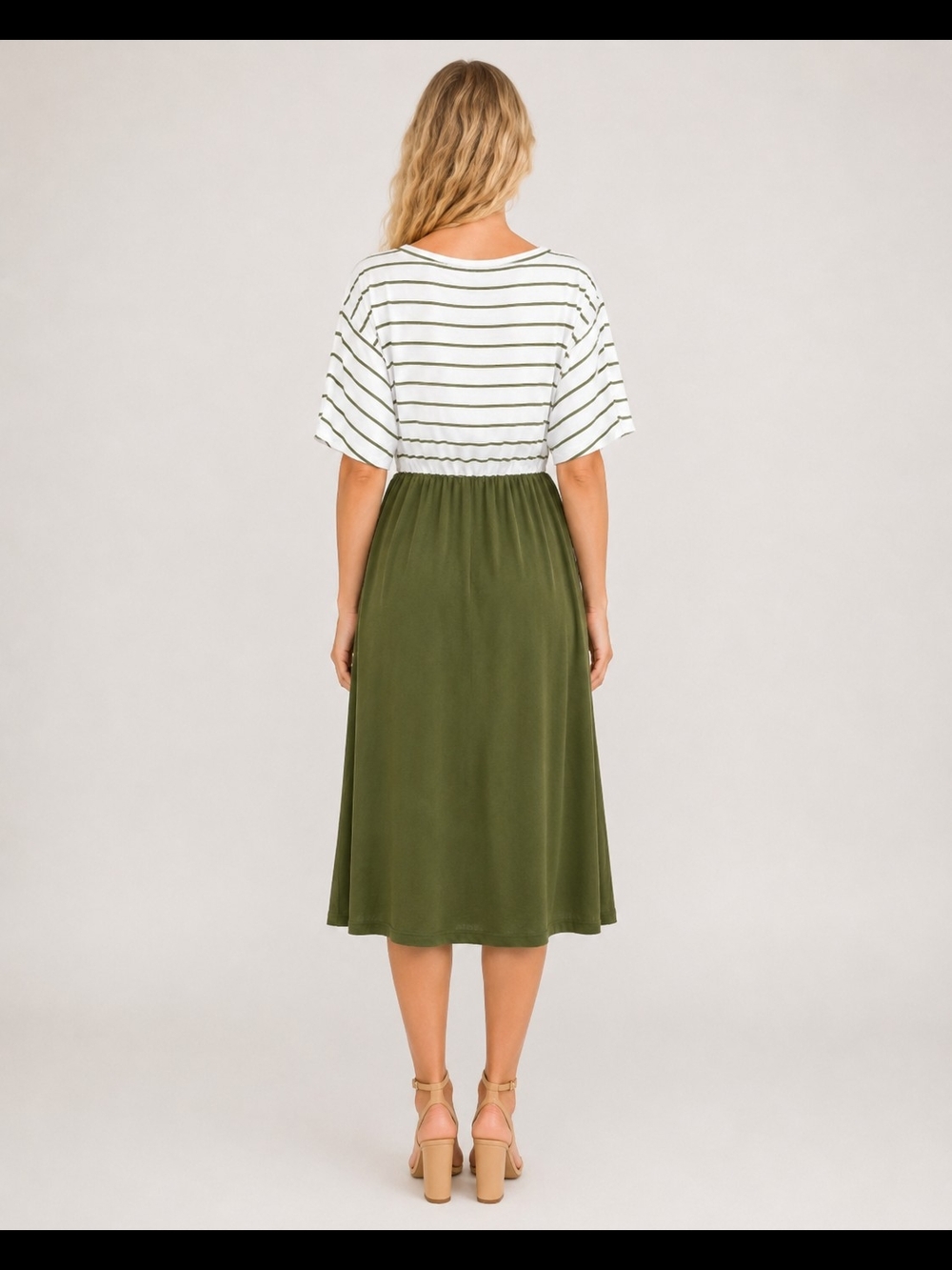 Merokeety Womens Flutter Sleeves White Striped Olive Green Midi Dress w/Belt, L - Picture 3 of 6